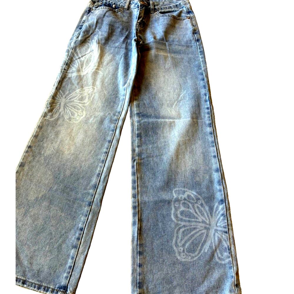 Y2K Womens Baggy Butterfly Print Jeans Wide Leg Light Wash Grunge Skater Boho XS